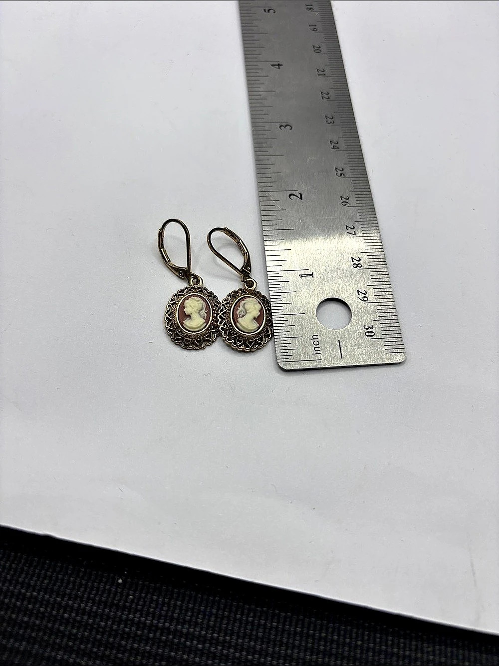 Gold-Tone Red Cameo Drop Earrings Like New